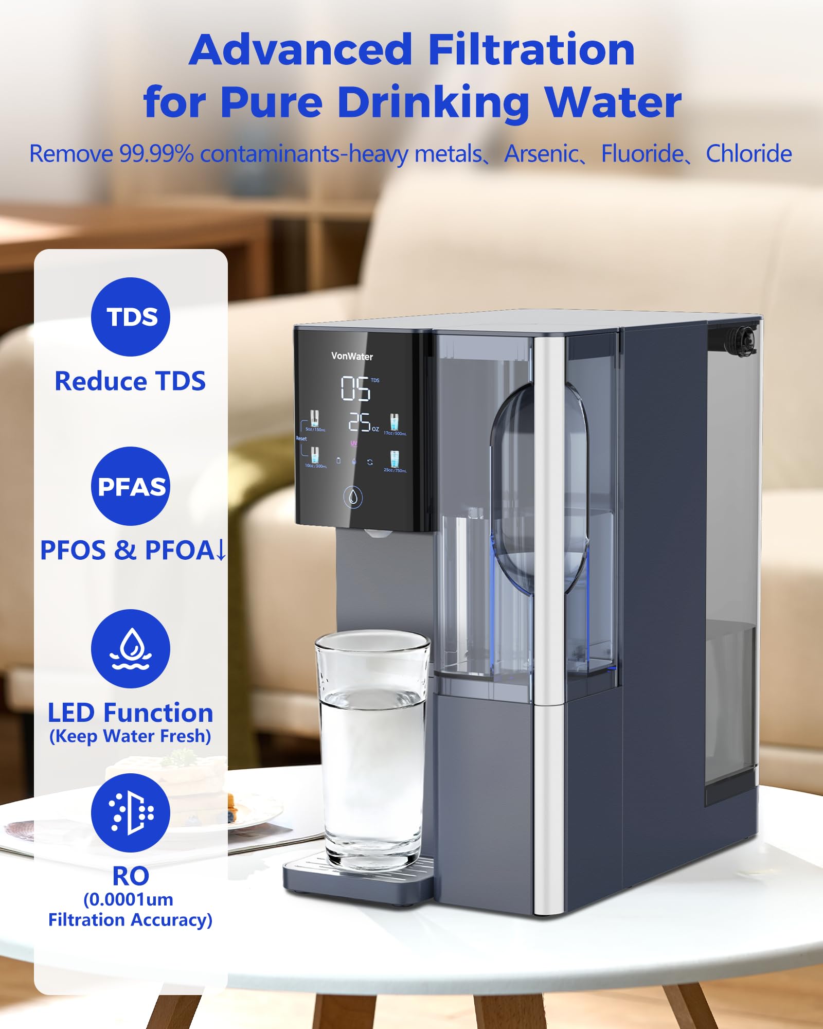 CT910 Système de filtre à eau à osmose inverse à 7 étapes, filtration de l'eau RO de 528 gallons avec pichet portable, NSF/ANSI 372,53, réduit le TDS PFAS, 5 réglages de volume, 3:1 pur pour