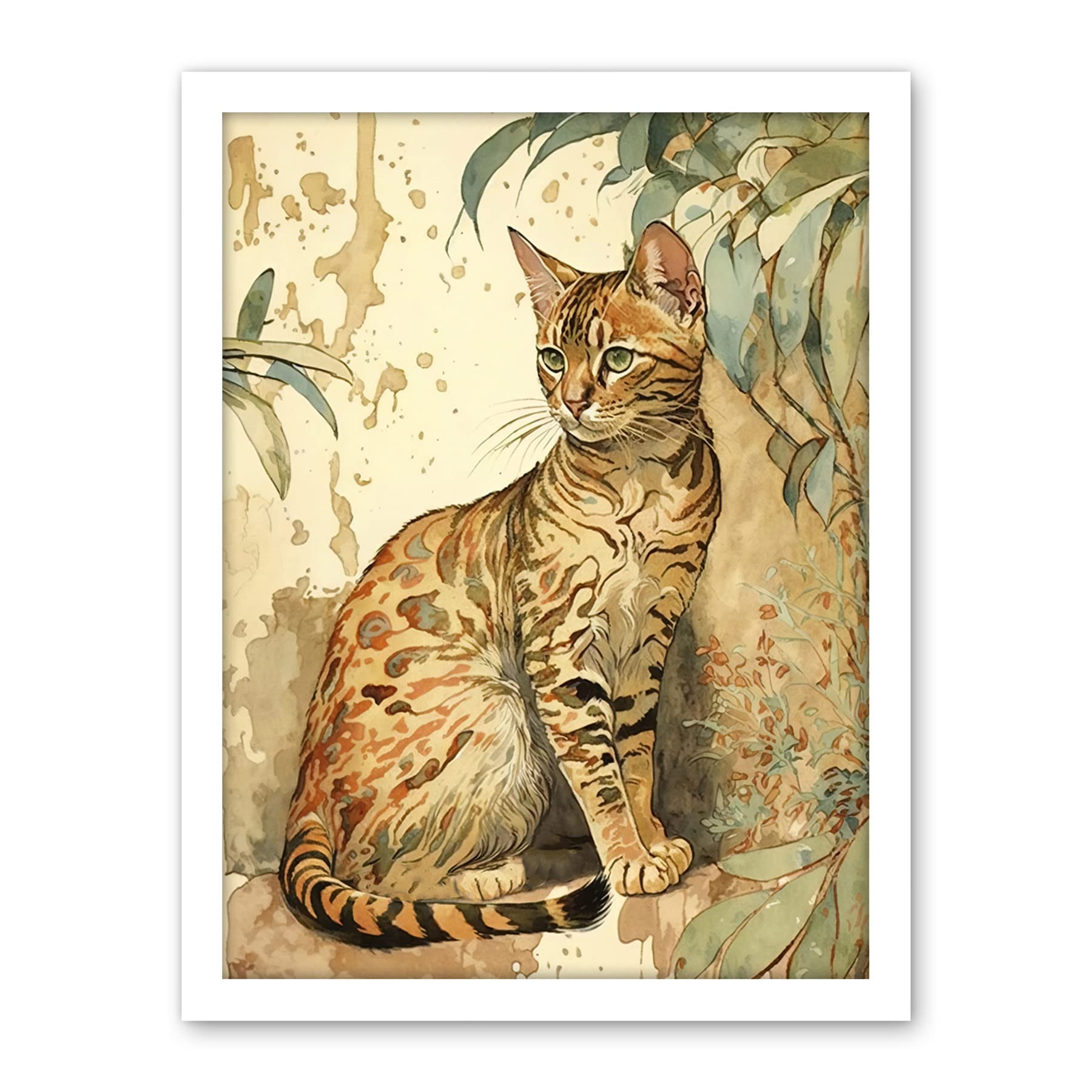 Artery8 Marble Coat Bengal Cat Perched on Street Wall Watercolour Illustration Artwork Framed Wall Art Print 18X24 Inch