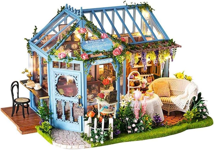 voloki 1:24 Scale Miniature Dollhouse with Furniture, DIY Dollhouse Kit with Music Movement, Rose Flower Garden Doll House Play Set | Suitable for Ages 3+