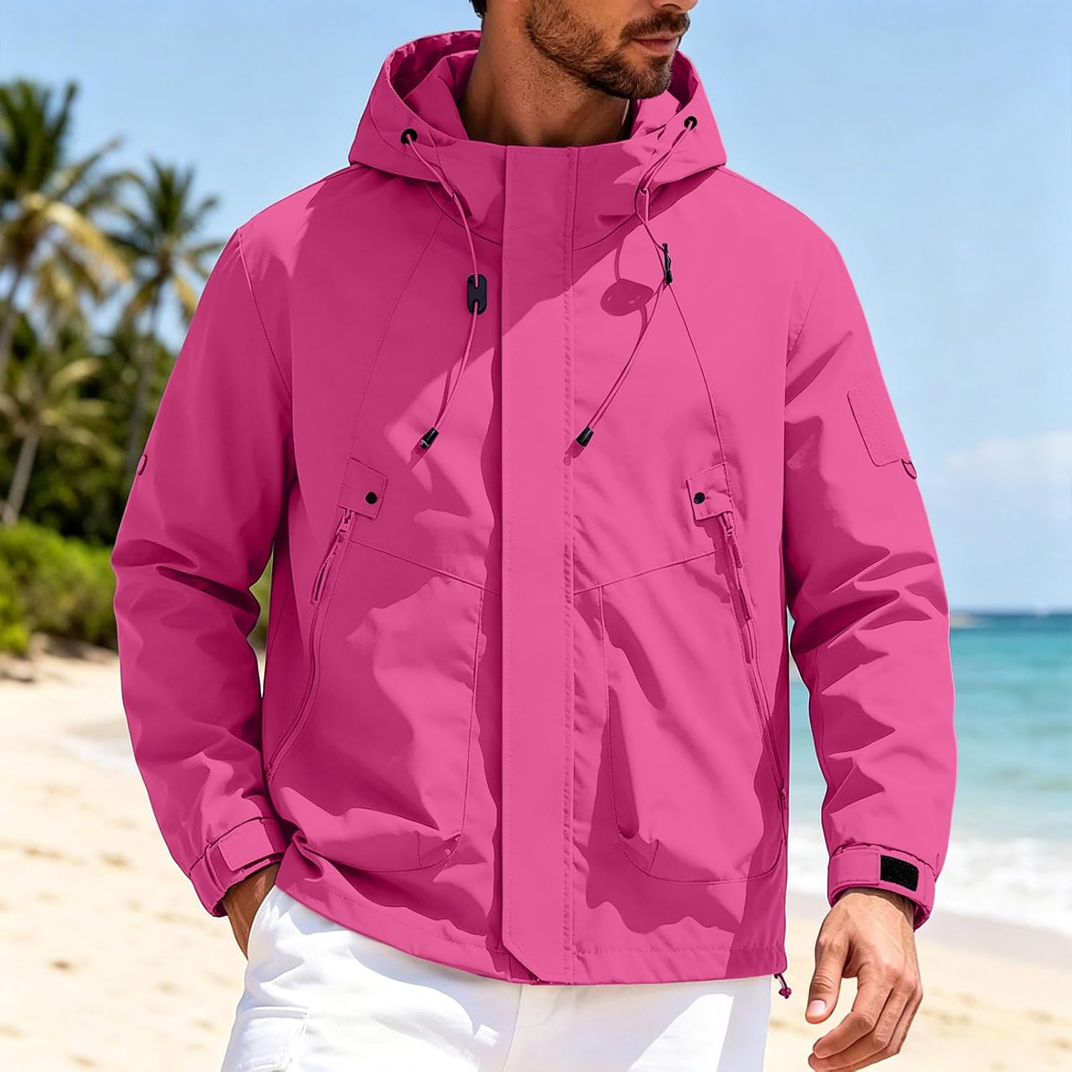 Men's Hooded Rain Jacket Large Zip Pocket Outdoor Waterproof Raincoat | Windproof Lightweight Spring Autumn Running Waterproof Windbreaker Workwear Hiking Mountaineering For Fishing Suitable