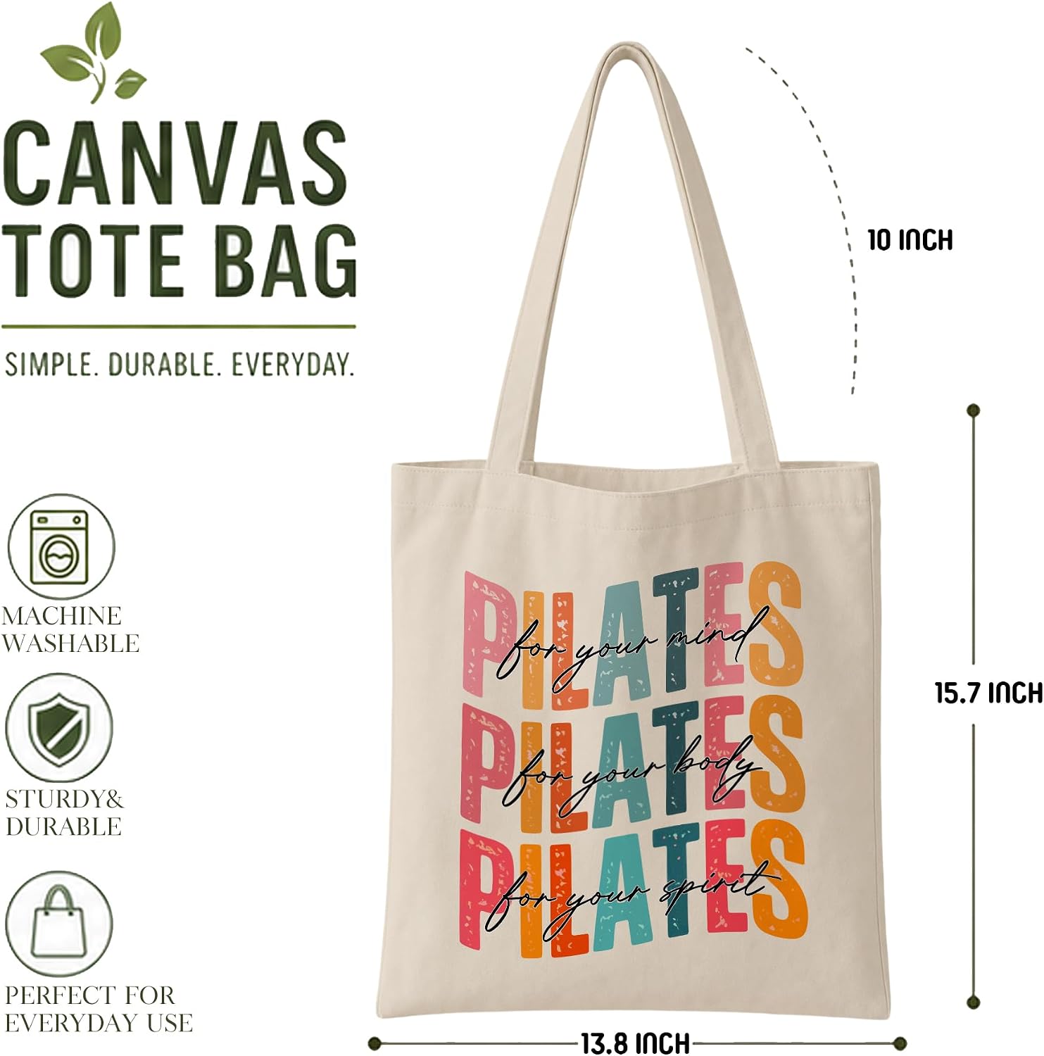 Pilates Canvas Tote Bag for Women Shopping Work Travel with Inner Pocket