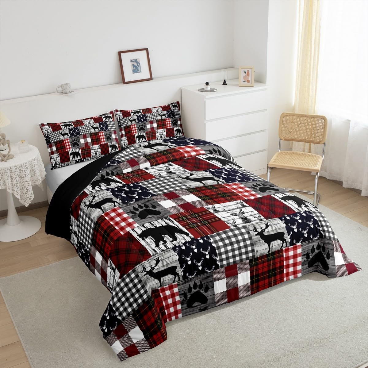 Erosebridal Rustic Patchwork Quilt,Checkered Buffalo Plaid Bedding Set for Kids Teens Adult,Woodland Wildlife Bear Moose Elk Pine Trees Pattern Queen Comforter Set Farmhouse Decorations,