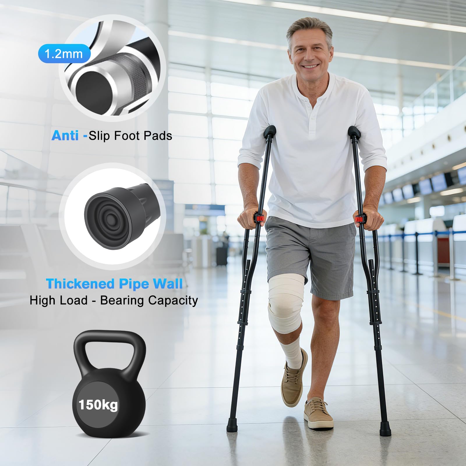 Muletas Axilares 1 Par, Altura Ajustable 99-160cm, Muletas de Aluminio Plegables con Amortiguación, 19 Niveles Regulables, Soportan hasta 150kg,Almohadillas Antideslizantes para Adultos y Post-Cirugía