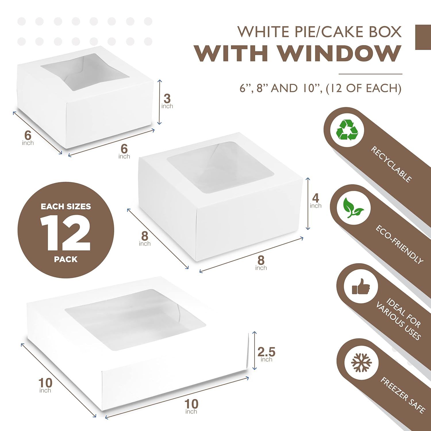 Black Friday - 50% OFF [36 Pack] Bakery Box with Window 6”, 8” and 10” - White Cardboard Gift Packaging for Cake, Pie, Cupcake, Cookies and Pastry, Auto-Pop Restaurant Containers and Personalized Favors, 12 of Each