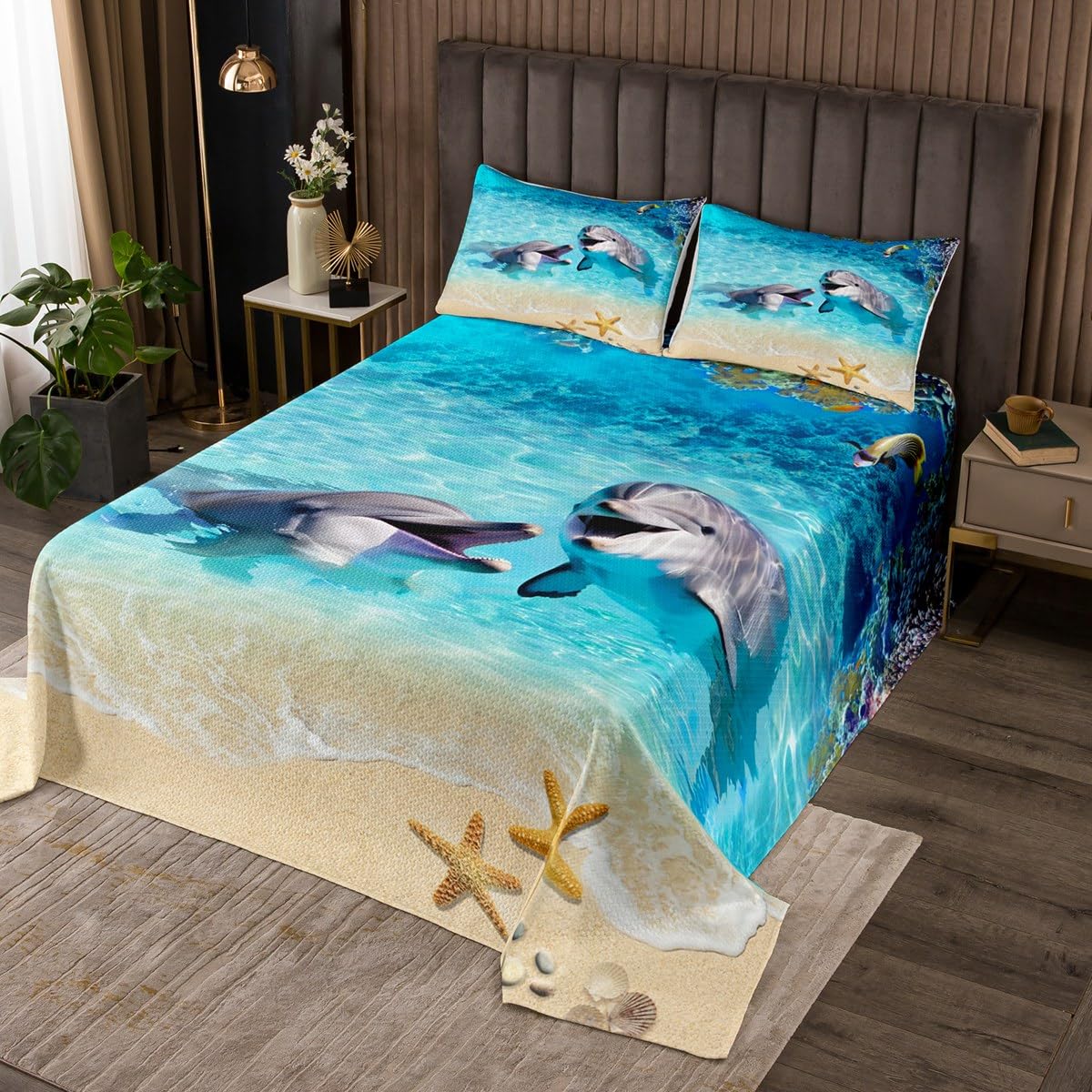 Homewish Cute Dolphin Bedspread King,Starfish Coral Marine Life Coverlet Set 3pcs for Kids Teens Adults Room Decor,Hawaii Beach Quilted Coverlet Blue Romantic Bedding Quilt with 2 Pillowcases