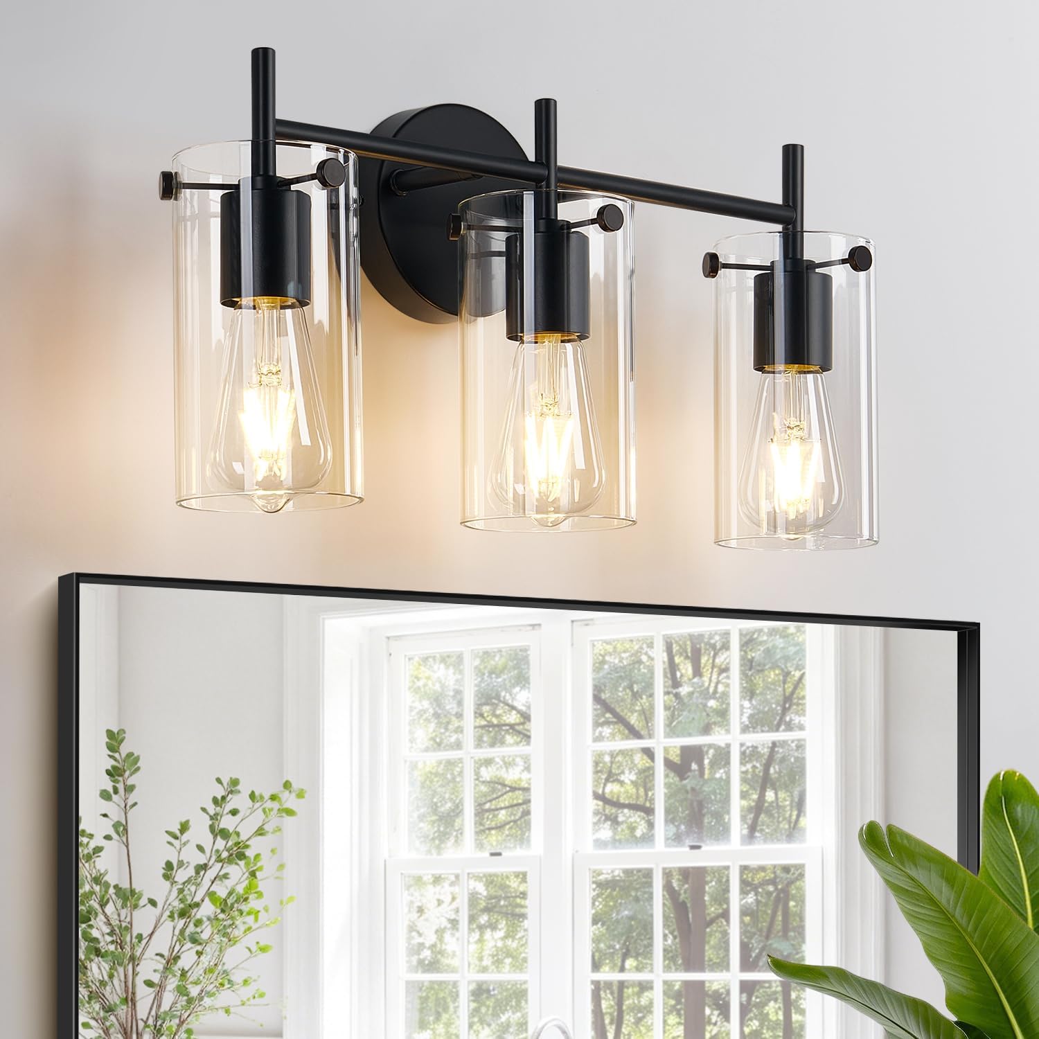 Indoi Bathroom Light Fixtures, 3-Light Matte Black Vanity Light, Black Bathroom Lights Over Mirror with Clear Glass Shade, Wall Sconces for Mirror Bedroom Living Room Hallway