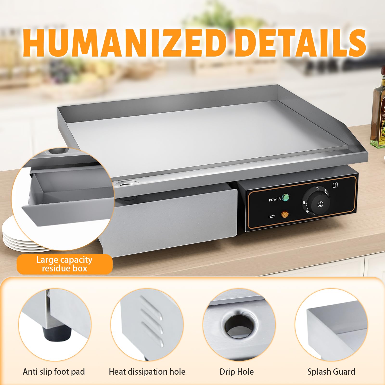 Plancha Eléctrica Pro Plancha de Hierro Fundido,220-240V 3000W 55cm × 35.5cm Control termostático de 50 a 300 °C,18.5kg antisalpicadura,Acero Inoxidable