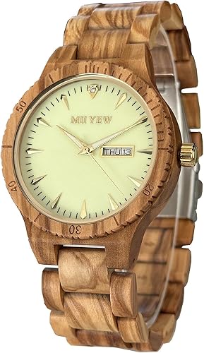 MII YEW Reloj de madera para hombre, ligero, analógico, de cuarzo, hecho a mano, esfera verde con fecha