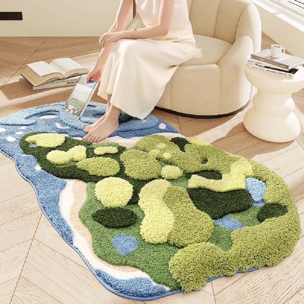 Moss Bath Mat Green Bathroom Rugs Non Slip Soft Microfiber Water Absorbent Aesthetic Floor Carpet Boho Indoor Shower