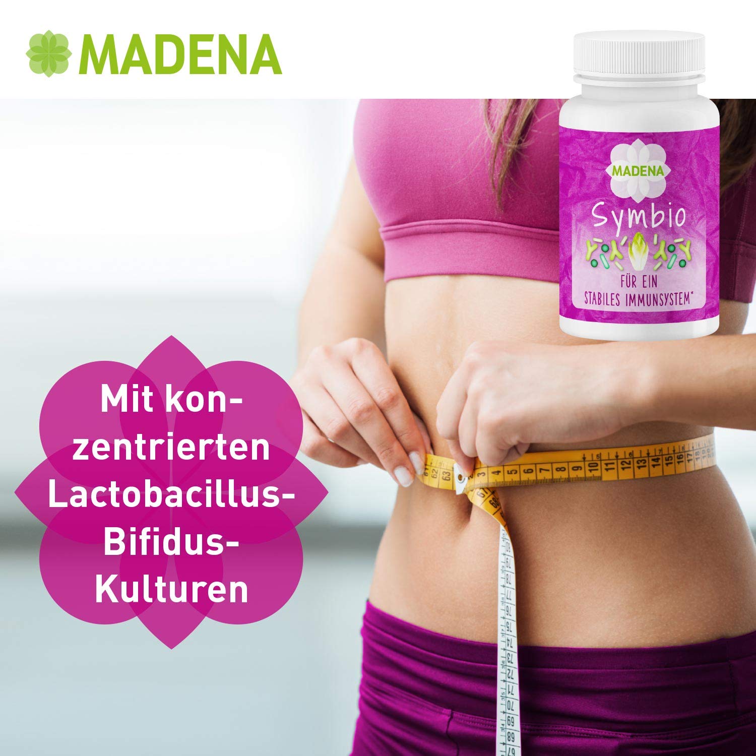 MADENA Symbio Darmbakterien, Kulturen Komplex mit Lactobacillus und Bifidobakterium Bifidum Kulturen, Inulin Synergy 1, Vitamin C, 50 Kapseln vegan, zum Immunsystem stärken