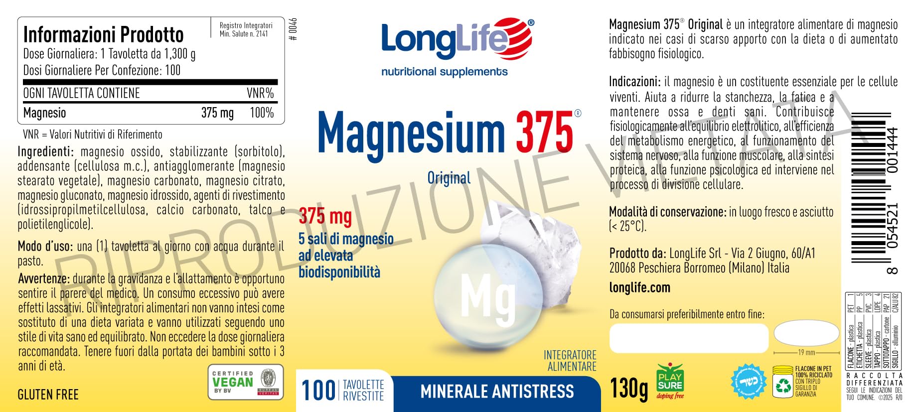 LongLife Magnesium 375® | 5 sali di magnesio | Alto dosaggio | Integratore magnesio antistress | 100 tavolette | Oltre 3 mesi di trattamento | Vegano e senza glutine