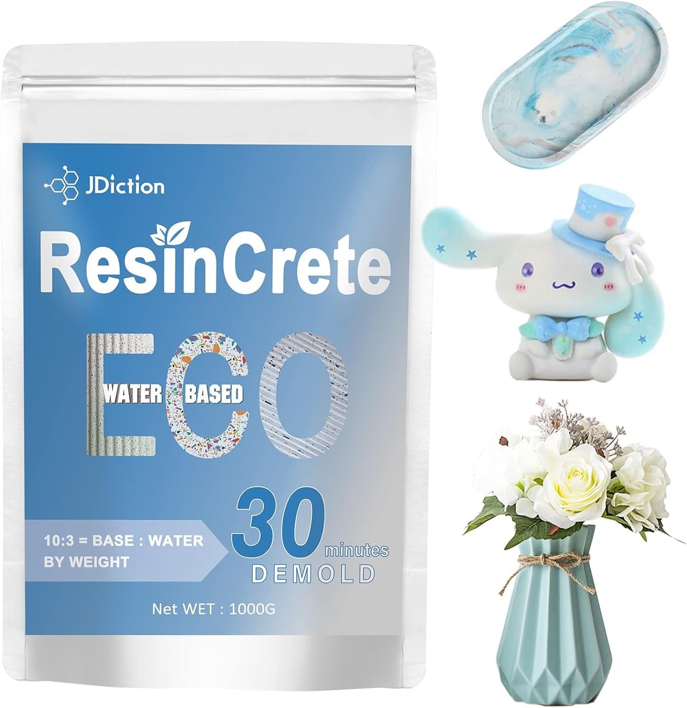 JDiction ResinCrete, 1000g Water Based Casting Resin for Beginners, 20-30 Min Fast Curing Terrazzo Resin, Self Leveling, Easy Mix Casting & Coating