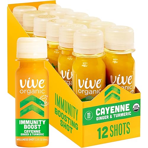 Vive Organic Immune Support Shot, Cold-Pressed Ginger, Turmeric & Cayenne, Gluten Free, Vegan, Immunity Boost Cayenne, 2 Fl Oz (Pack of 12)