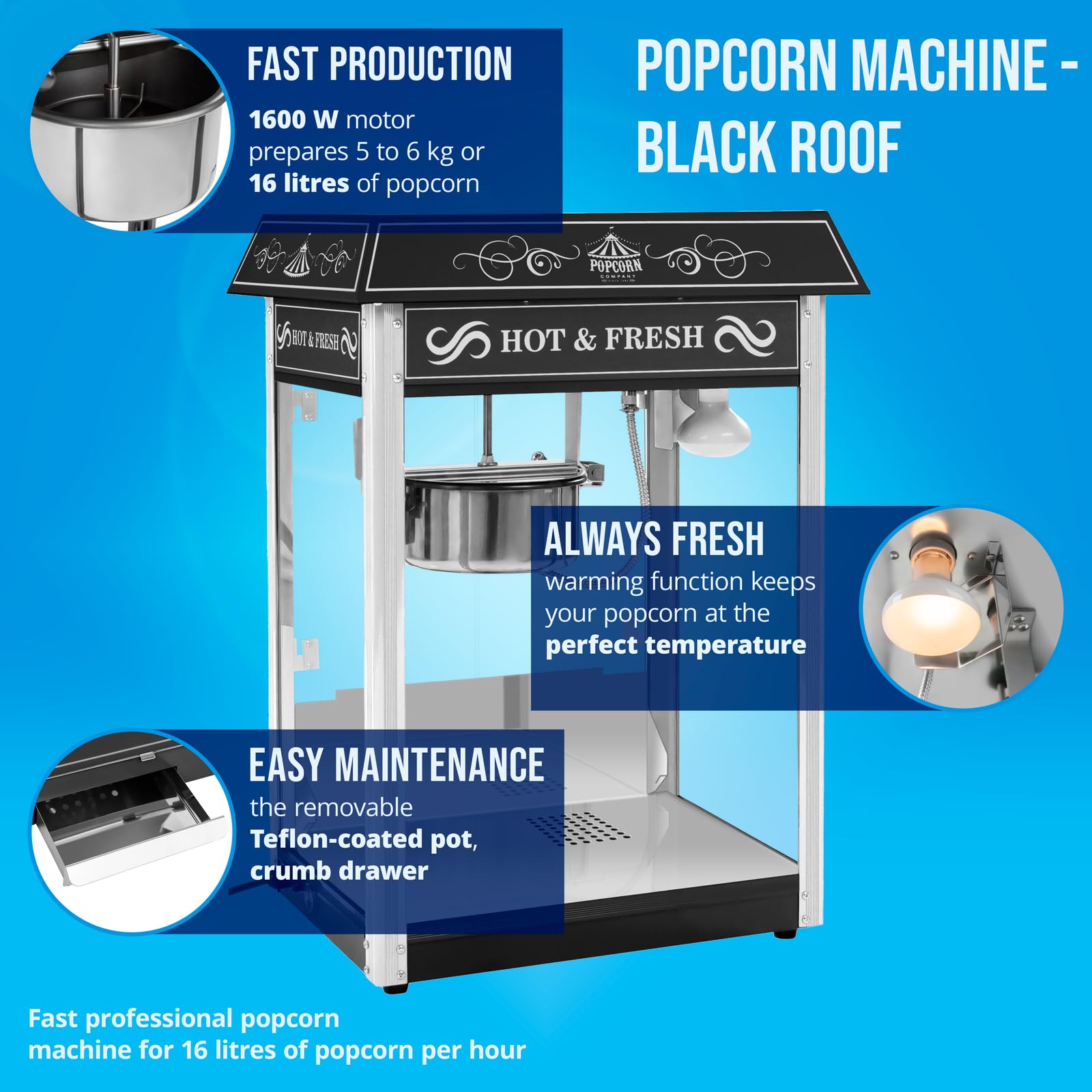 Royal Catering Maszyna do popcornu w stylu retro, czarna, 1600 W, 5 kg/h, podświetlane wnętrze, funkcja ogrzewania, wyjmowany garnek z powłoką teflonową, szuflada na okruchy, maszyna do popcornu