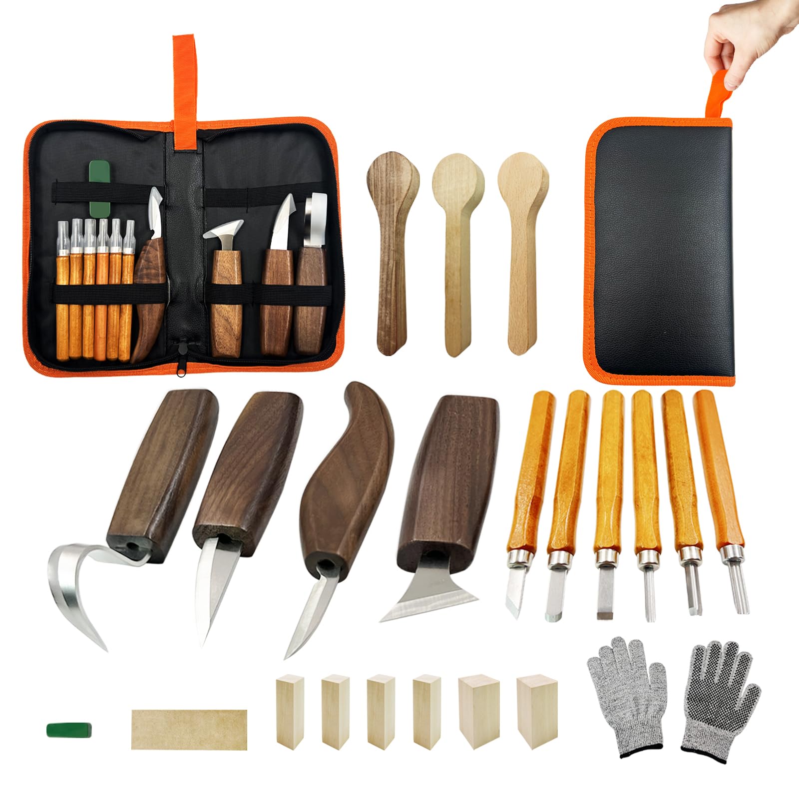 SNAIL GARDEN 23-teiliges Schnitzset für Anfänger mit Messern, Schleifzubehör, 3 Löffelrohlingen & Aufbewahrungstasche – Holz Schnitzwerkzeug Set für Erwachsene