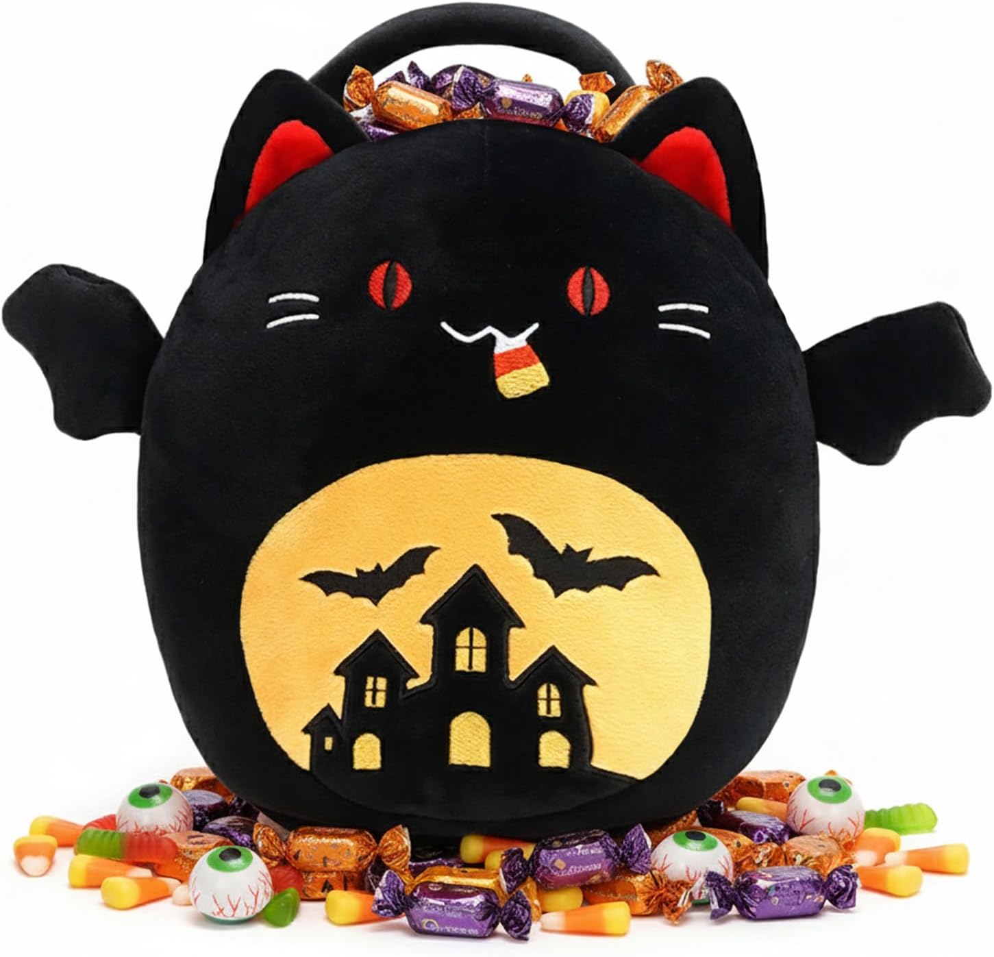 Halloween Basket Bat Cat Plush Toy, Bat Stuffed Animal Trick Or Treat Bucket, Halloween Party Favor Bags with Handles and Bat Decor, Candy Basket for Kids Toddlers Girls Boys