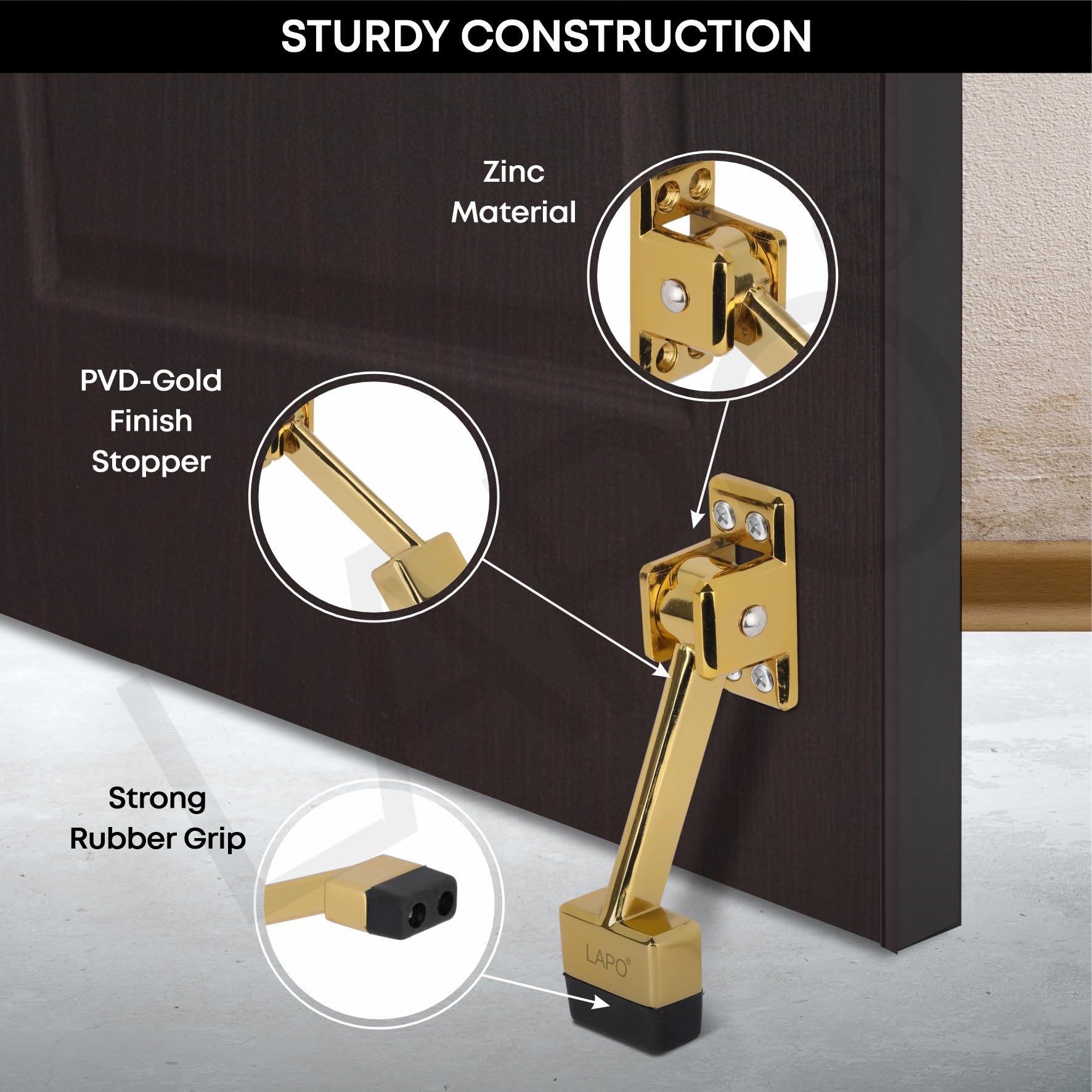 LAPO Premium 5-Inch Rubber Door Stopper with Screw | Heavy Duty Wooden Door Stopper for Home, Office, Hotel | Gold Finish | Strong Grip Door Holder for All Surfaces (Pack of 1) 4