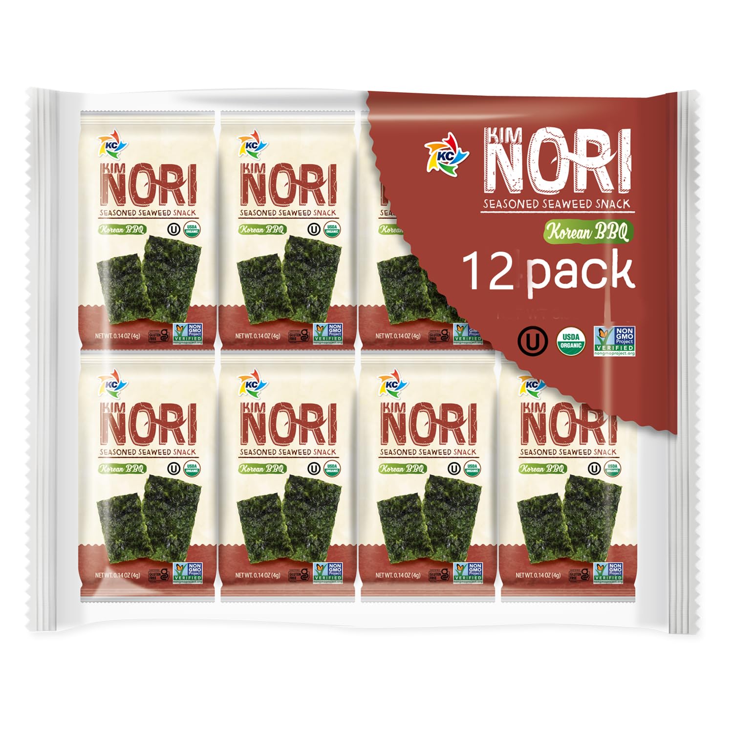 KIMNORI Seasoned Seaweed Snacks Sheets – Organic Korean BBQ Flavor, 12 Individual Packs, Roasted Crispy Premium 100% Natural Laver Kim Nori, 4g 0.14