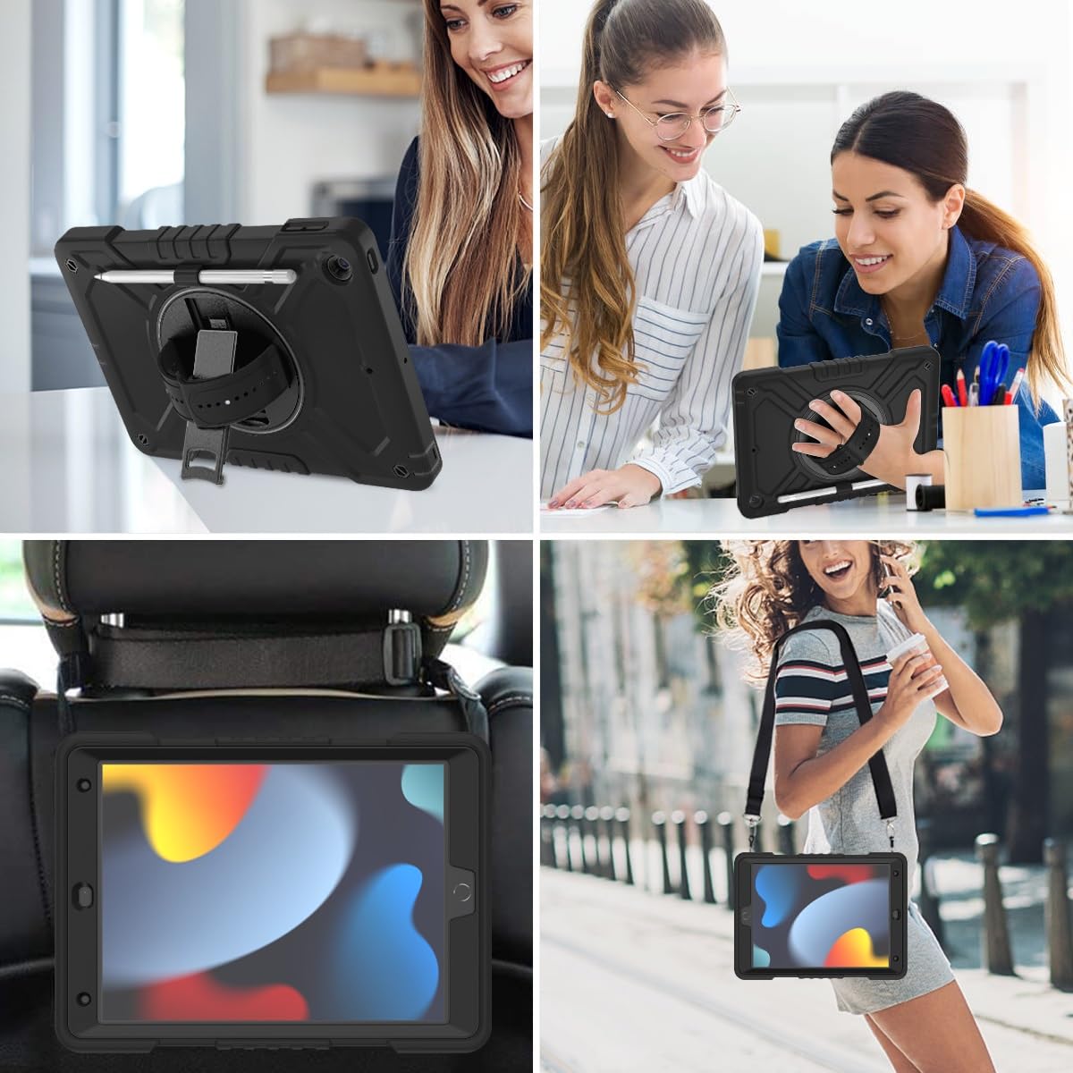 Custodia protettiva per tablet PC compatibile con iPad 10.2 (2021/2020/2019 Custodia antiurto a tre strati, custodia protettiva in PC+silicone, supporto girevole a 360 gradi, cinturino da polso e