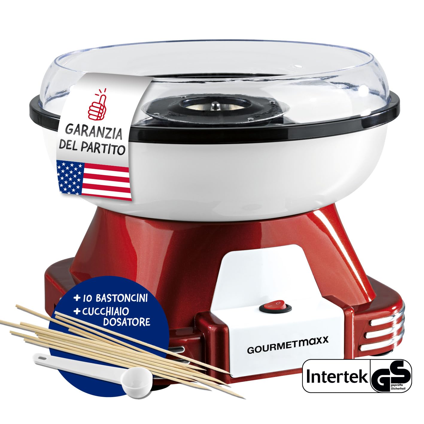 GOURMETmaxx Macchina per zucchero filato per la casa | L'originale rosso con 10 bastoncini e misurino in un nostalgico design retrò | Zucchero filato di altissima qualità per ogni occasione