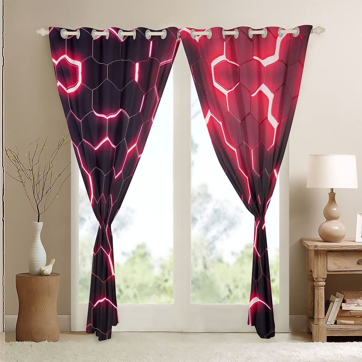 3D Honeycomb Curtains for Bedroom Hexagon Window Treatment Glitter Window Drapes Red Window Draperies for Kids Boys Girls Adults W46*L54 - Image 4