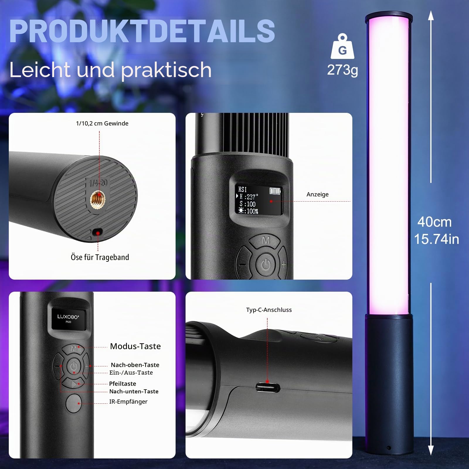 LUXCEO RGB Handheld LED Videoleuchte RGB Lichtstab, 360° Volle Farben LED Fotografie Licht,Eingebauter Wiederaufladbarer Akku und Fernbedienung,2500K-6500K Verstellbar,für Fotografie YouTube