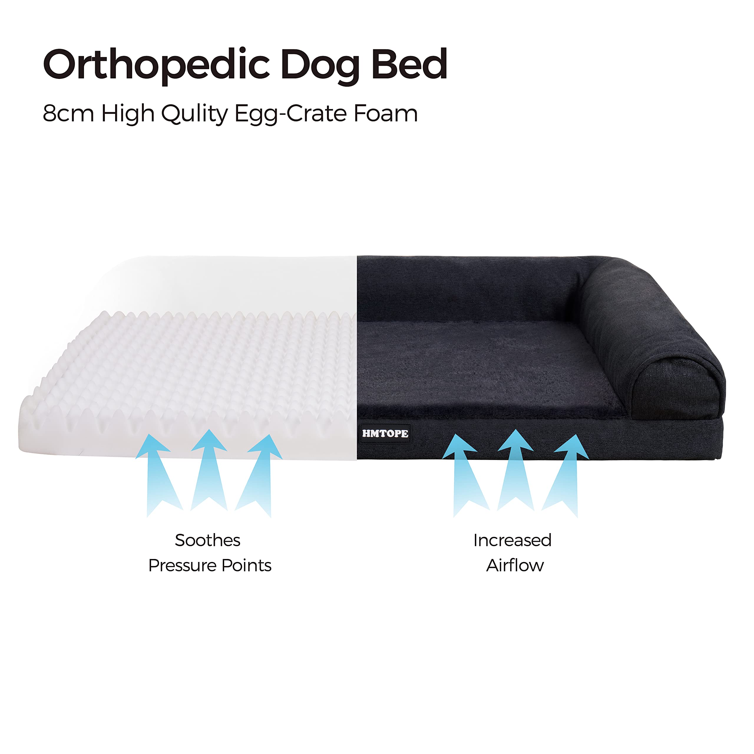 HMTOPE Orthopädisches Hundebett, Hundesofa, hohen Rand, Hundekissen, Hundekorb, Abnehmbar und waschbar, Grosse Hunde & MittelgroßeHunde, Schwarzgrau, 106cm
