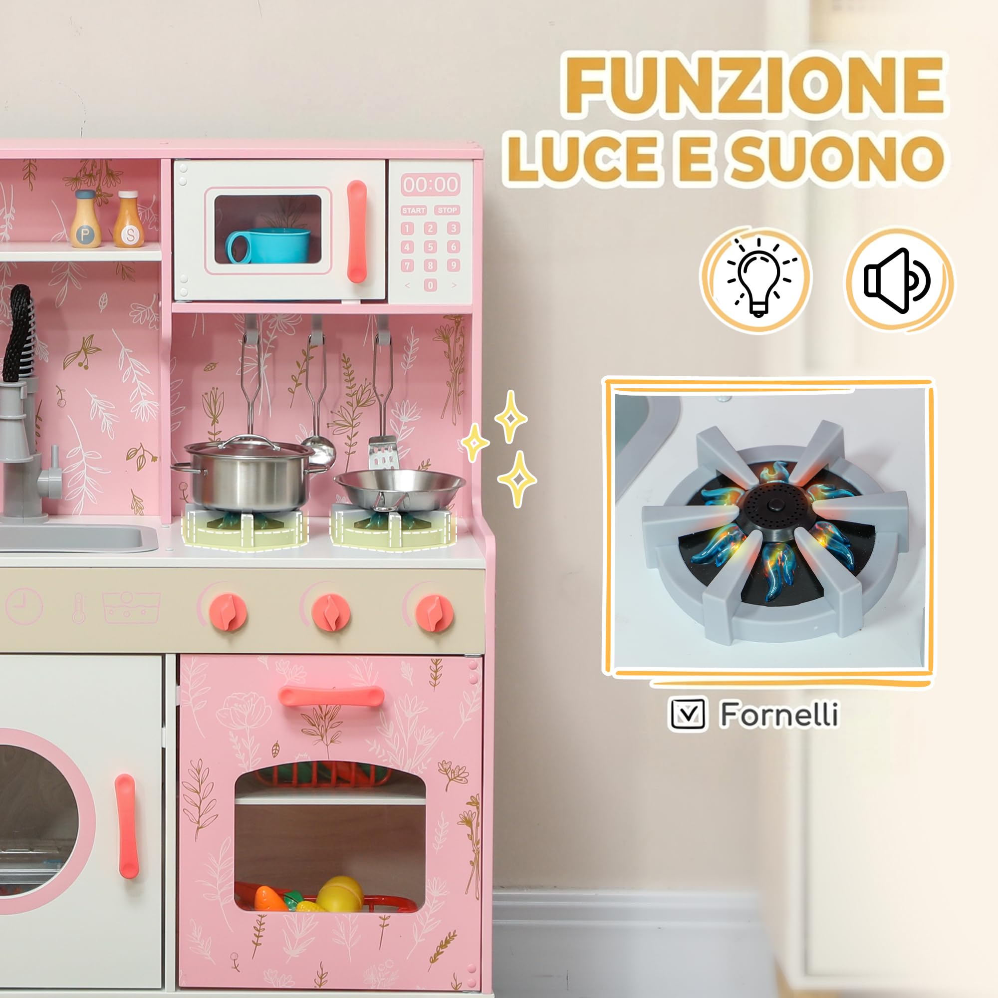 AIYAPLAY Cucina Giocattolo in Legno per Bambini 3+ Anni con Fornelli, Rosa