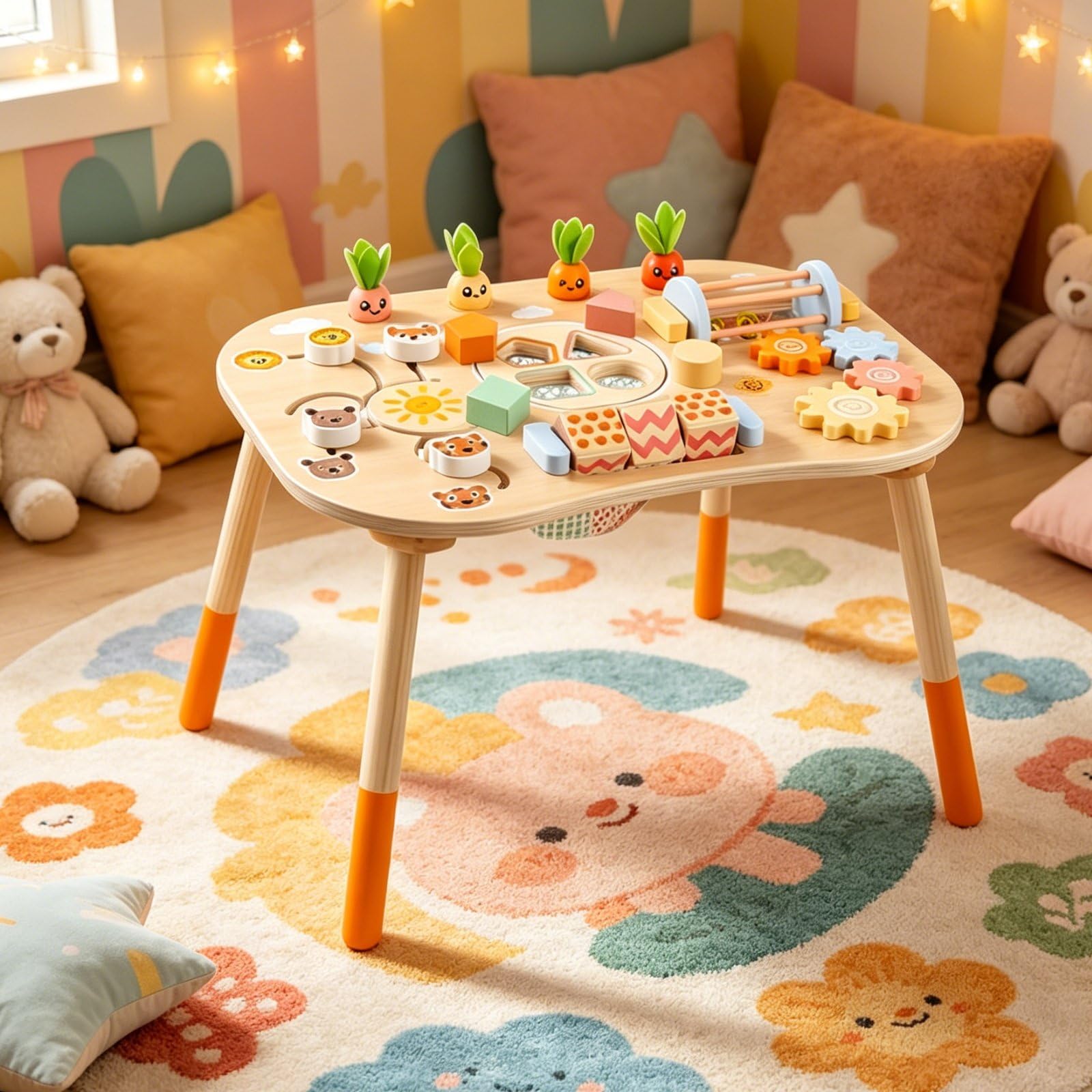 Tavolo attività Educativo Bambini in Legno con Blocchi Forme Carote Ingranaggi Gioco Sensoriale Training Coordinazione Mano-Occhio Adatto a Sviluppo Casa