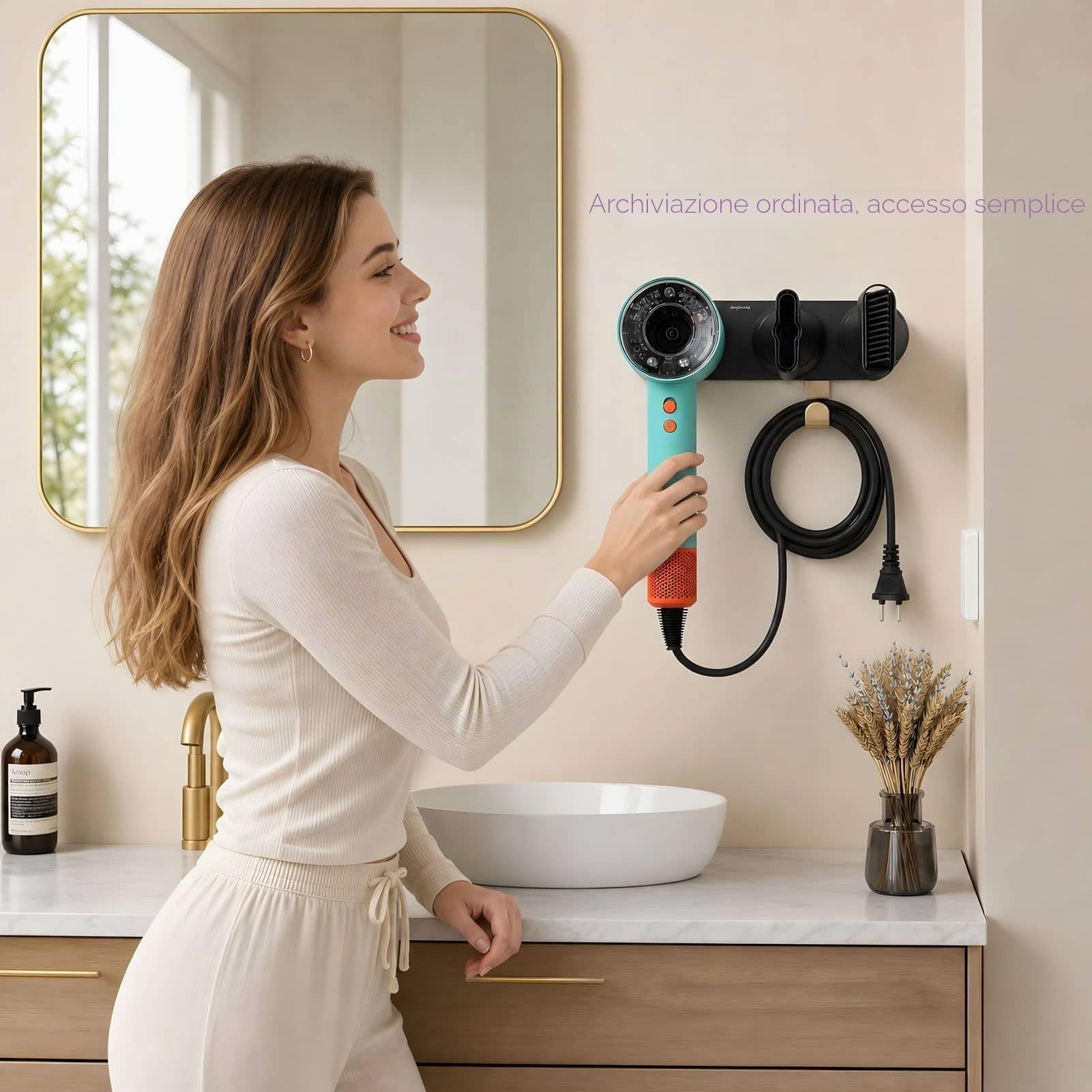 simpletome Supporto per Asciugacapelli da Muro per Tutti Magnetico Alta velocità Asciugatore per Capelli con Gancio Organizzatore del Cavo della Spina (Lega di Alluminio, Nero)