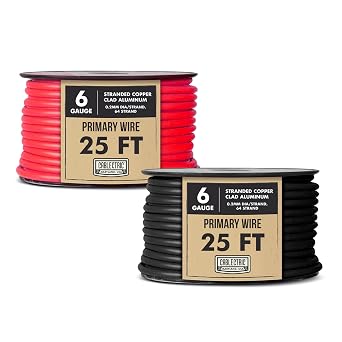 25 ft 6 Gauge Wire - 2 Pack 25ft Copper Clad Aluminum Primary Cable 6 AWG Heavy Duty with Wire Lug Terminal Connectors and Heat Shrink Tube