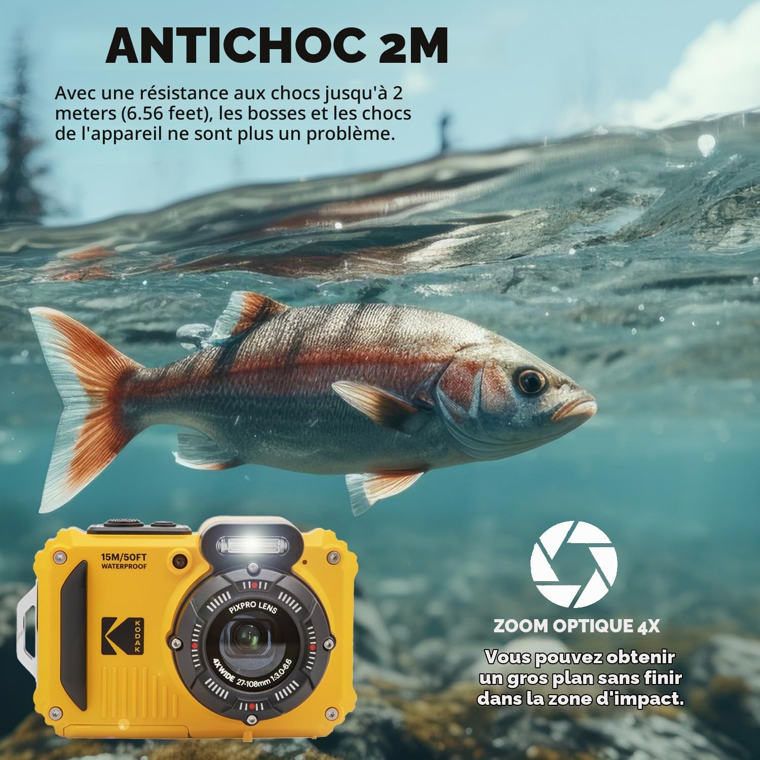 Kodak PIXPRO WPZ2 Ensemble appareil photo numérique robuste et étanche avec étui noir et carte microSDHC 32 Go (jaune)