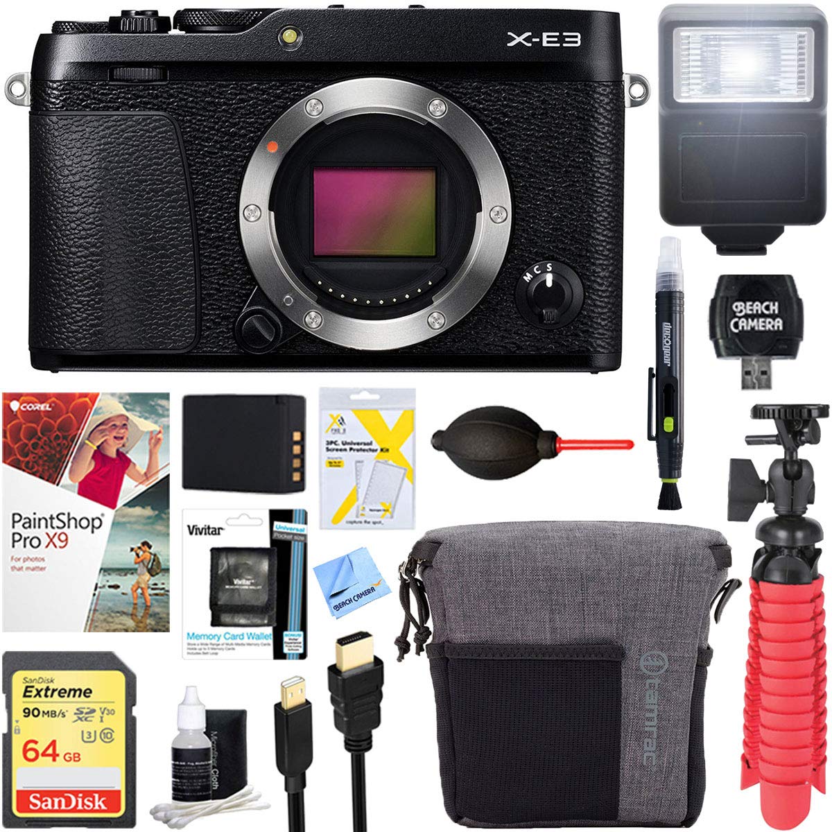 Fujifilm X-E3 24.3 MP Mirrorless Digital Camera Body (Black) + 64GB Memory & Flash Accessory Bundle