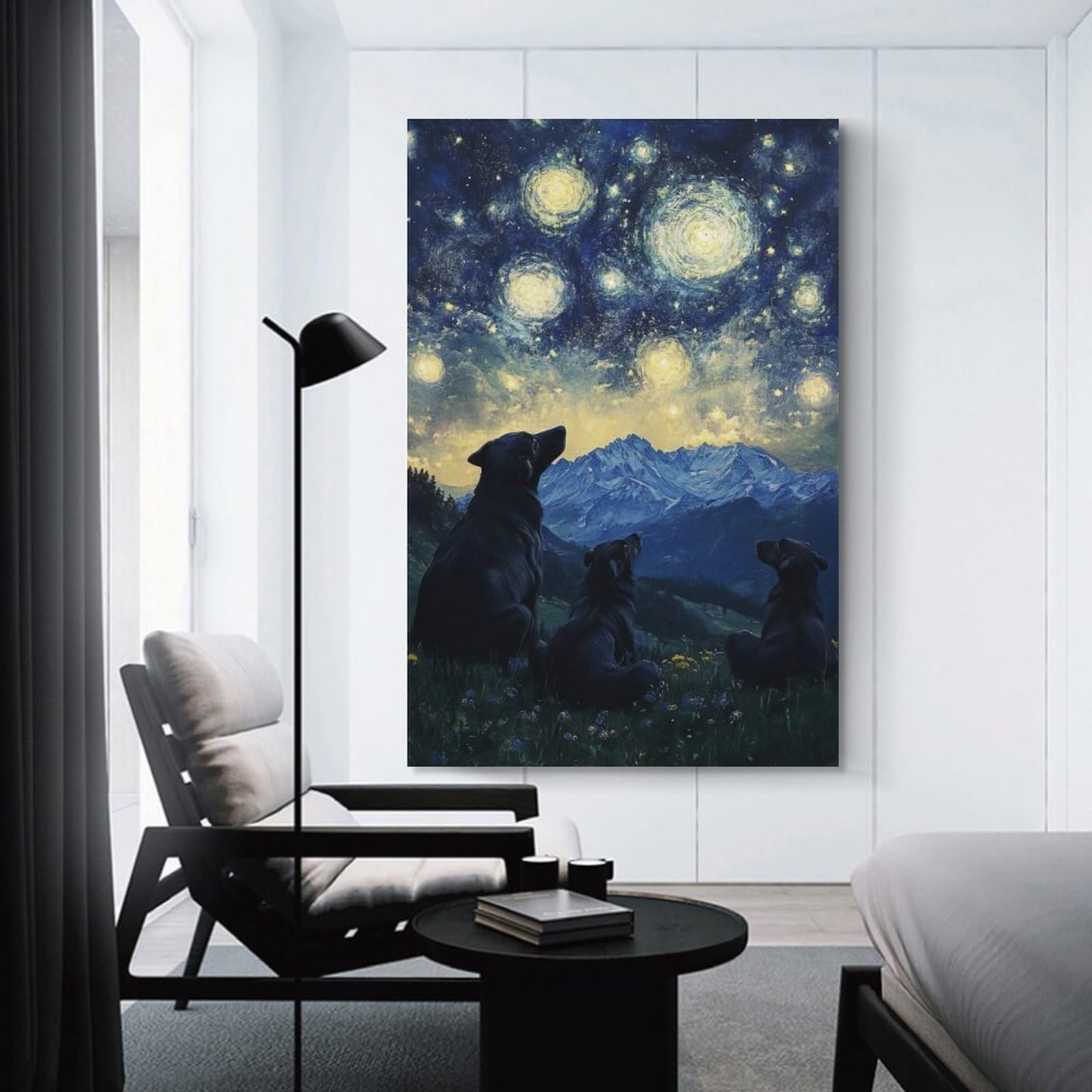 Junmoney Starry Night Dogs Wall Art Print, 08x12inch(20x30cm), for Corridors, Hallways Or Apartment Entries, Wall Decor to Refresh Empty Corners