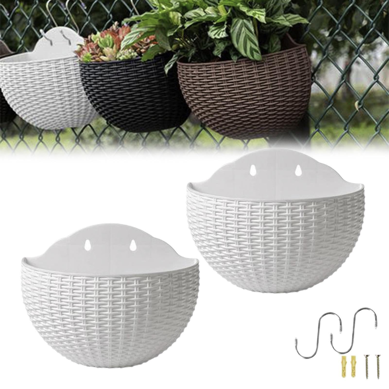 2PCS Imitation Rattan Wall Hanging Flower Pot, Semicircle Wall Hanging Planters Outdoor With Hooks, Mounted Plant Holder, European Style Garden Hangings Basket, For Balcony, Fence,Rail, Deck(White)