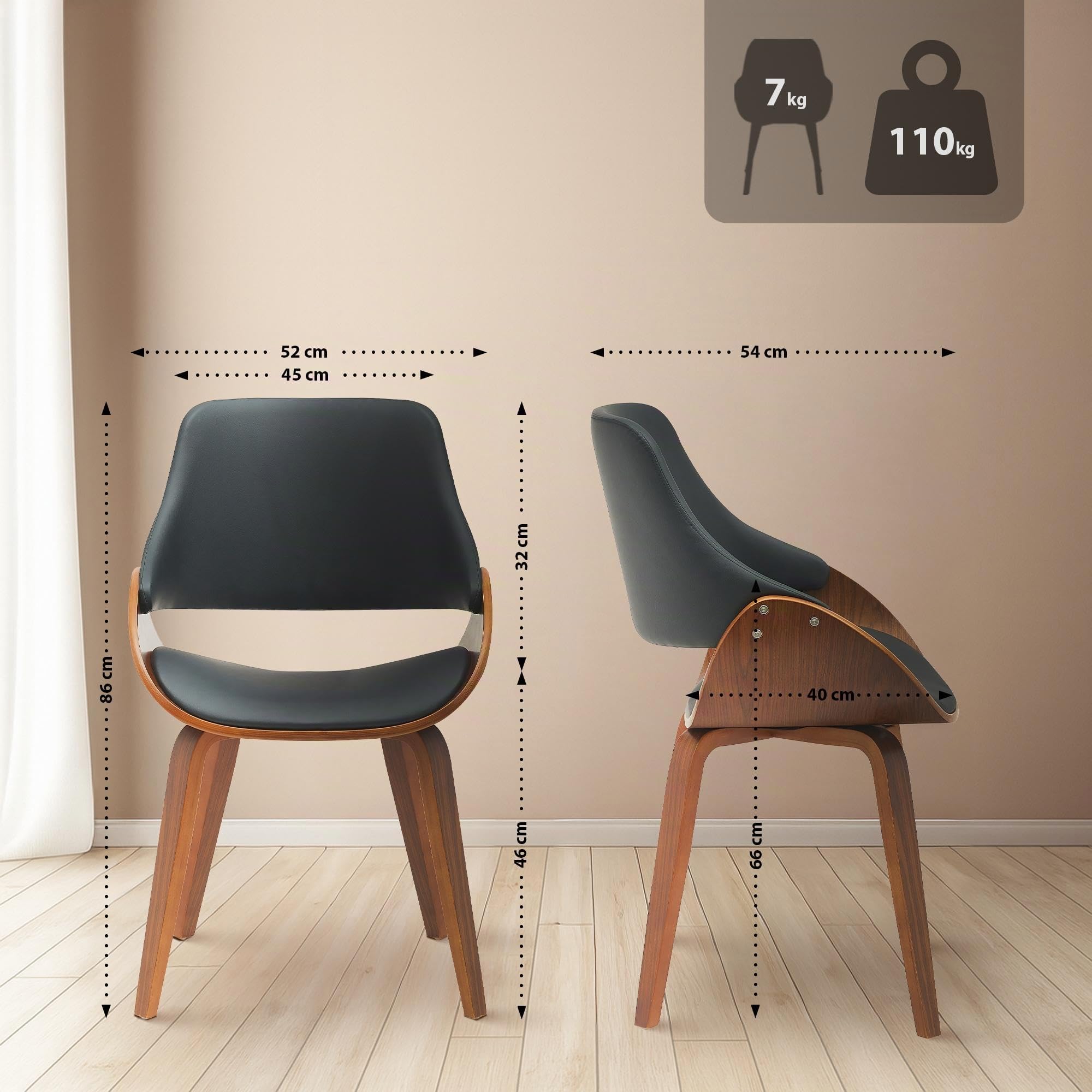 CLP Sedie da Pranzo Set 2 Vangale, con braccioli e Schienale, Imbottite, Struttura in Legno Curvo Effetto Noce, Colore:Noce/Nero, Materiale:Ecopelle