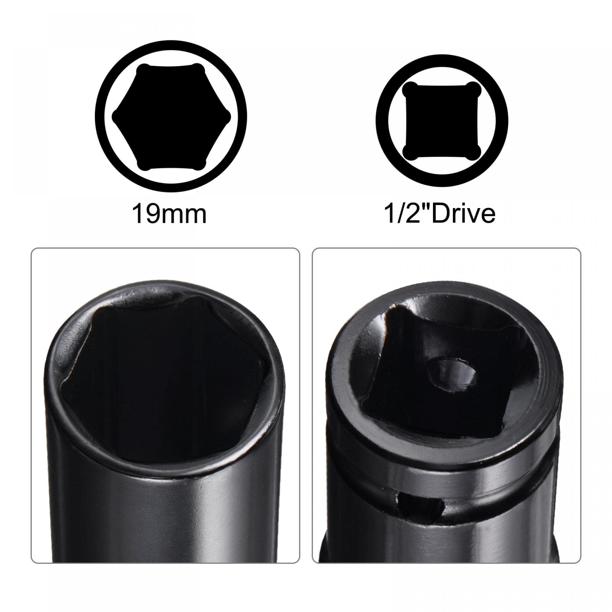 TA-VIGOR 1/2" Drive Socket Accessory Set, 19mm 6-Point Deep Impact Sockets 3" Length and 1/2" to 1/4" Hex Shank Adapters - Image 3