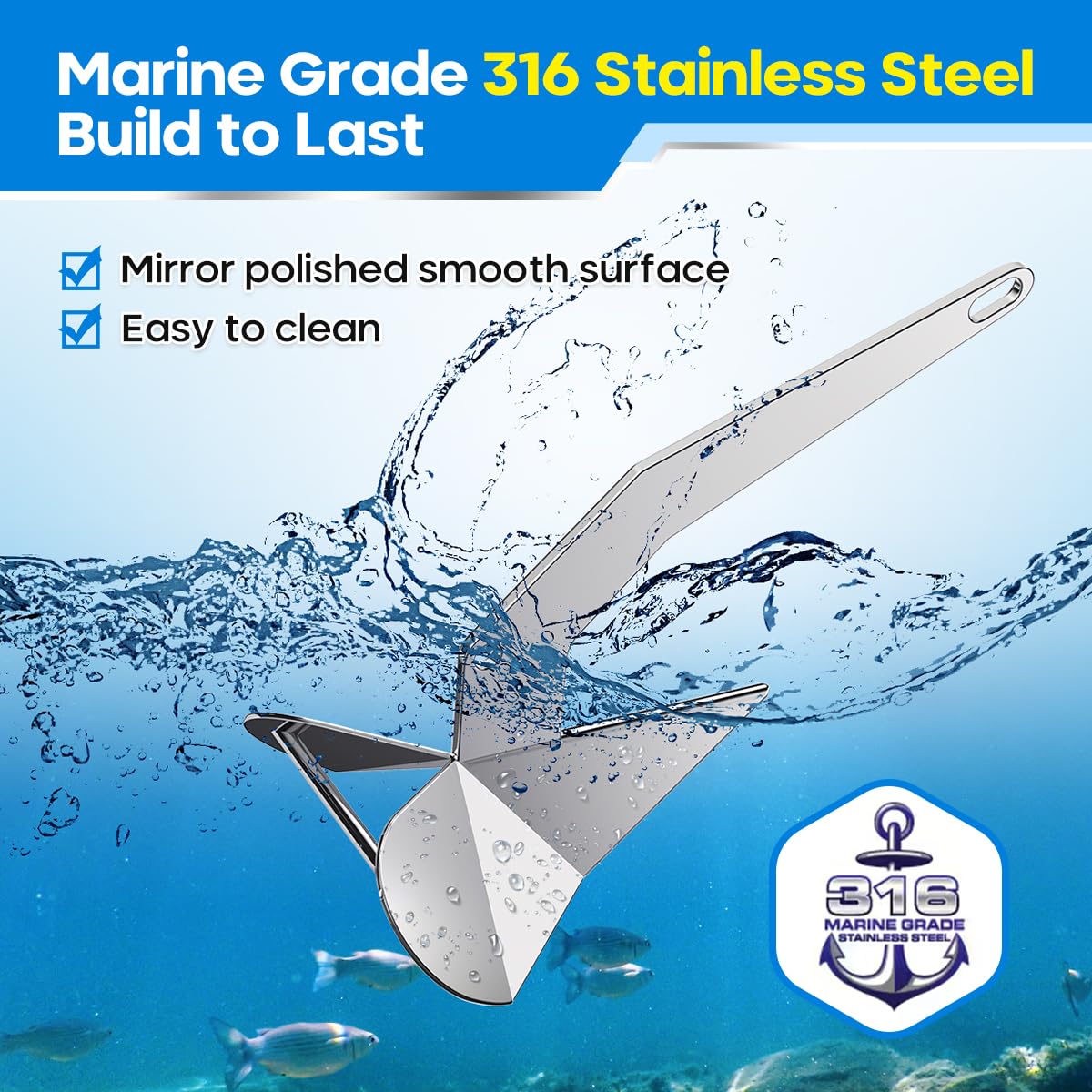Delta Anchor - Ancre triangulaire robuste en acier inoxydable 316 de qualité marine - 5 kg, 5,9 kg, 7,3 kg, 10 kg, 15 kg, 20 kg - Pour ponton, bateaux de pêche, voiliers, petite ancre
