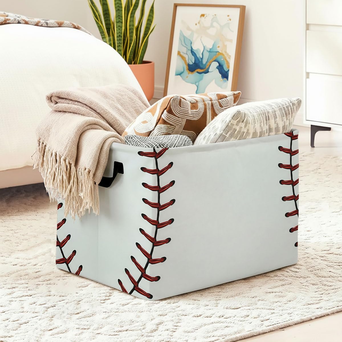 56L Baseball Laundry Basket Clothes Hamper with Handles,Foldable Blanket Storage Large Laundry Hamper with Waterproof PE,Toy Storage Bin Organizer,Cube Clothes Organizer,Home Decor
