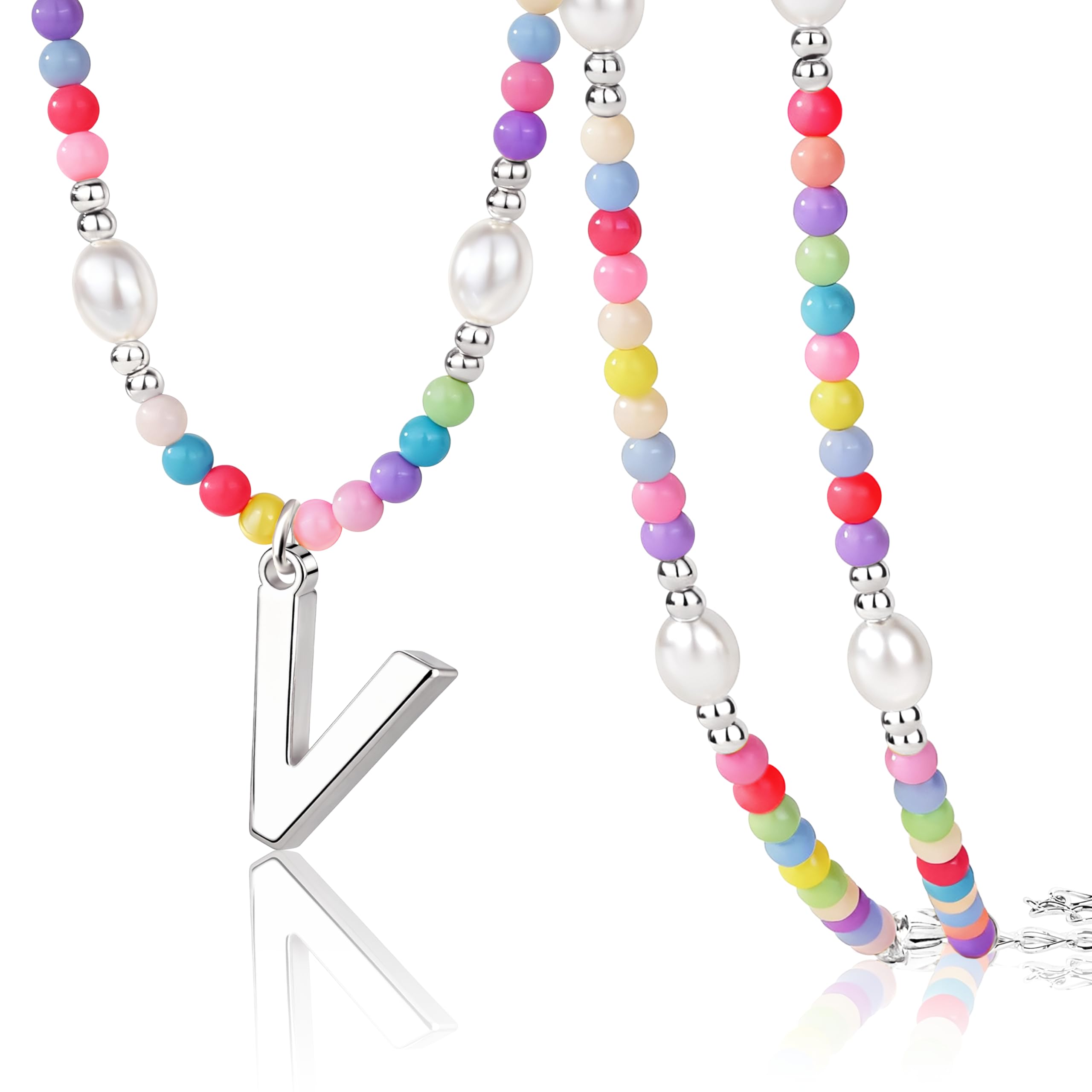 Colorful Initial Necklace for Girls – Trendy Dainty Beaded Choker with Letter Pendant, 14K Gold Plated, Cute Personalized Jewelry Gift for Kids, Teens, Women, Birthday, Christmas, Lockets