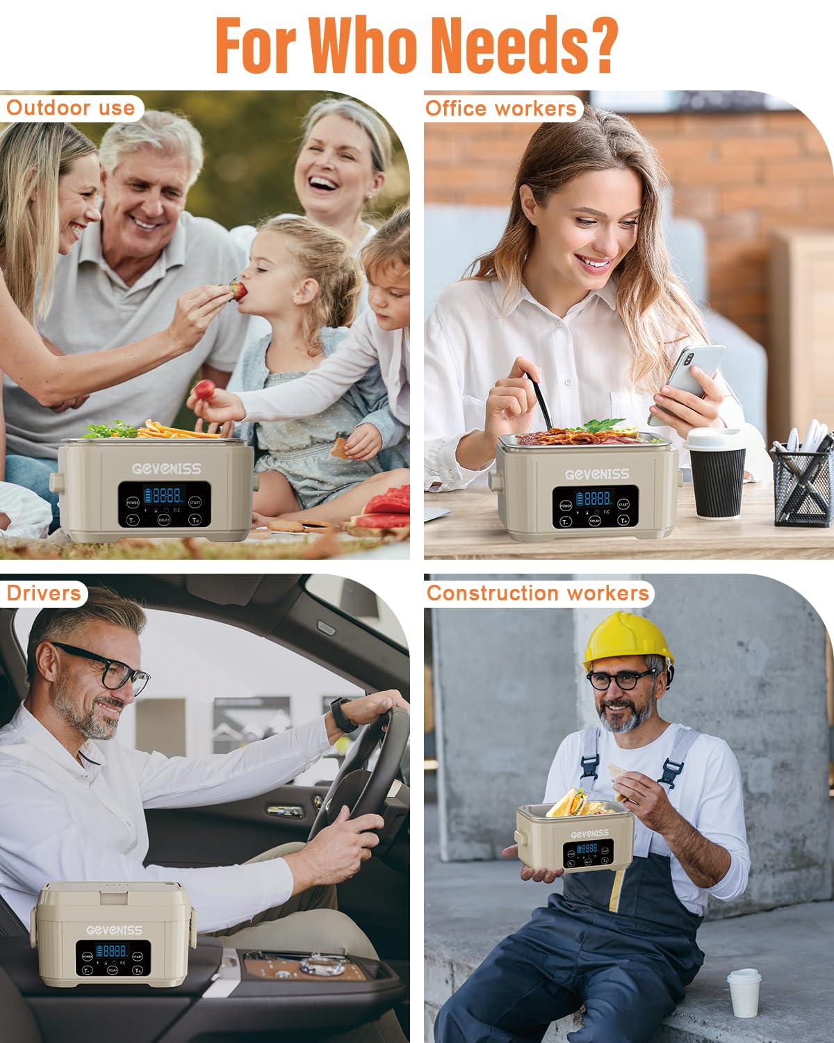 Geveniss Lonchera eléctrica inalámbrica para adultos, lonchera térmica con recipiente SS de 1100 ml, calentador de alimentos alimentado por pilas con tapa a prueba de fugas, calentamiento rápido de