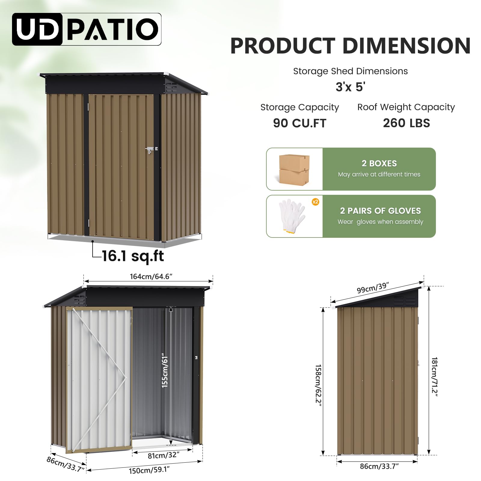 UDPATIO Abri de Jardin Métal 164x101x181 cm Cabane Extérieur Toit Incliné Serrure Rangement Outils Vélo Marron