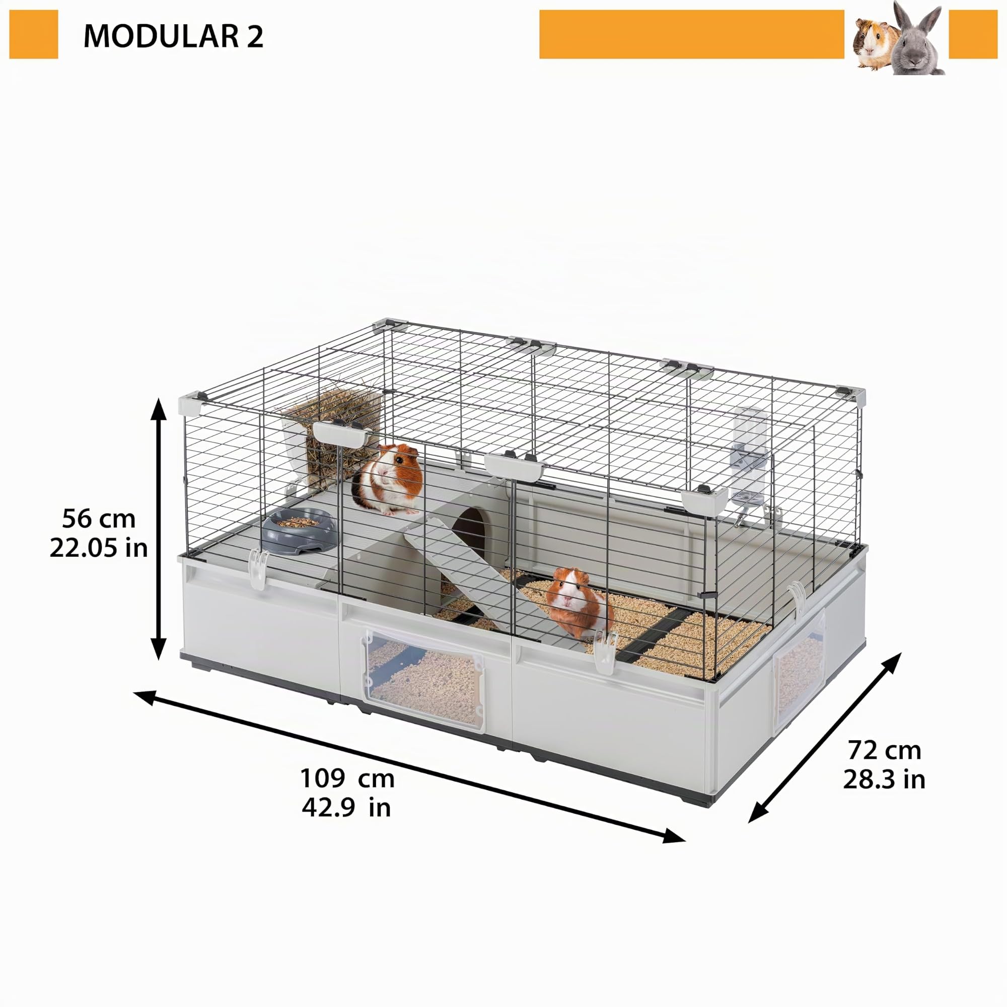 Ferplast Jaula para Conejos, Conejillos de Indias, Cobaya, Espaciosa y Modular 2, con Accesorios, Extensible, Fácil Mantenimiento, Modular 2, 109 x 72 x h 56 cm