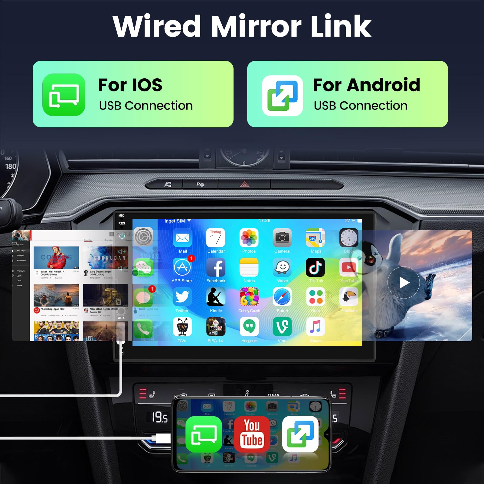 NHOPEEW Radio samochodowe 2 DIN, DAB – 7 cali, obsługuje bezprzewodowe CarPlay Android Auto Mirror Link sterowanie kierownicą + kamera cofania 12 LED