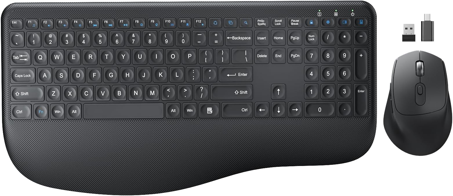 Wireless Keyboard and Mouse Combo, EDJO 2.4G Full-Sized Ergonomic Computer Keyboard with Wrist Rest and 3 Level DPI Adjustable Wireless Mouse for Windows, Mac OS Desktop/Laptop/PC (Carbon Black)