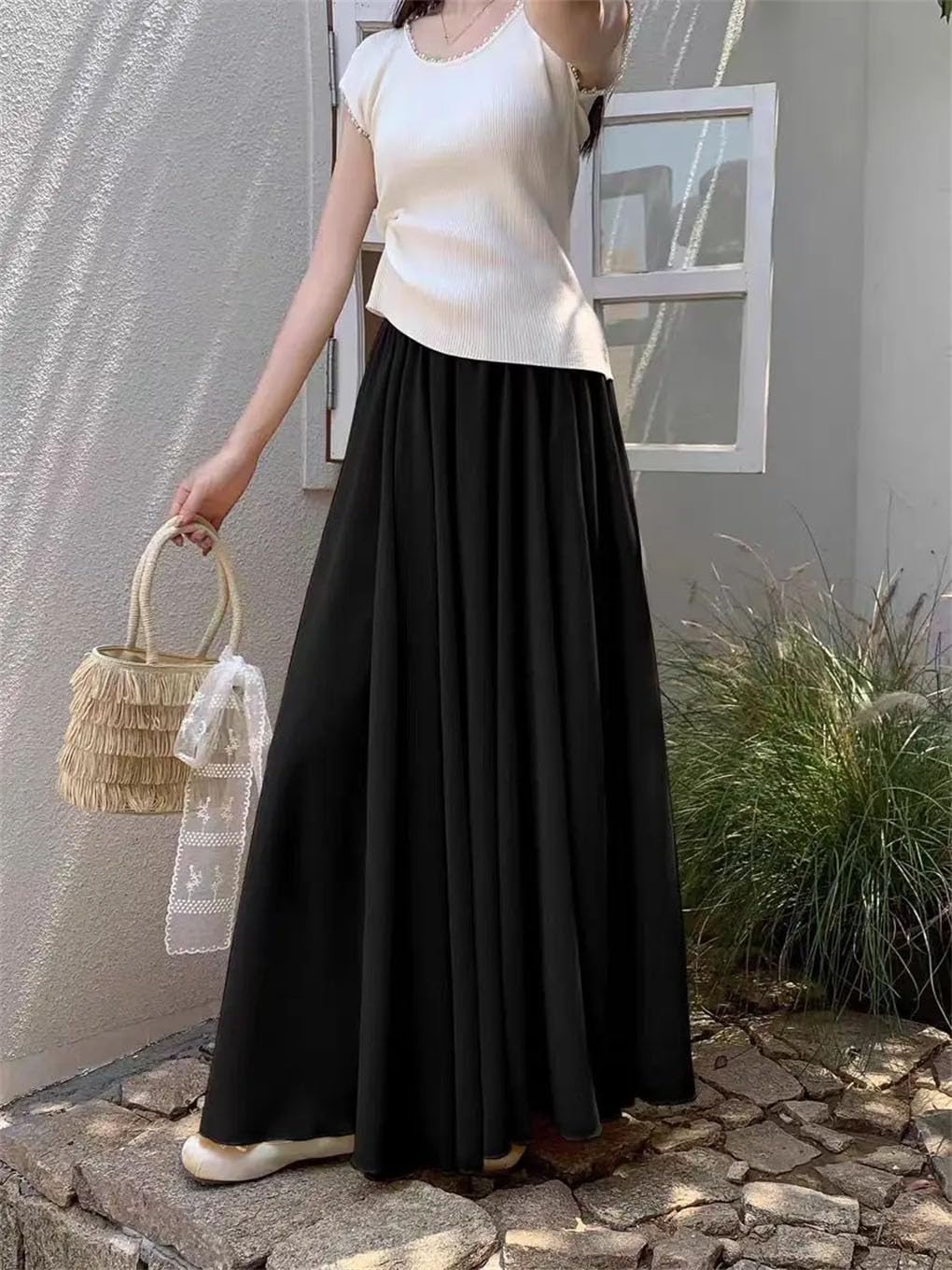 Jupe longue en mousseline de soie pour femme - Taille haute - Ourlet fluide avec drapé et silhouette large