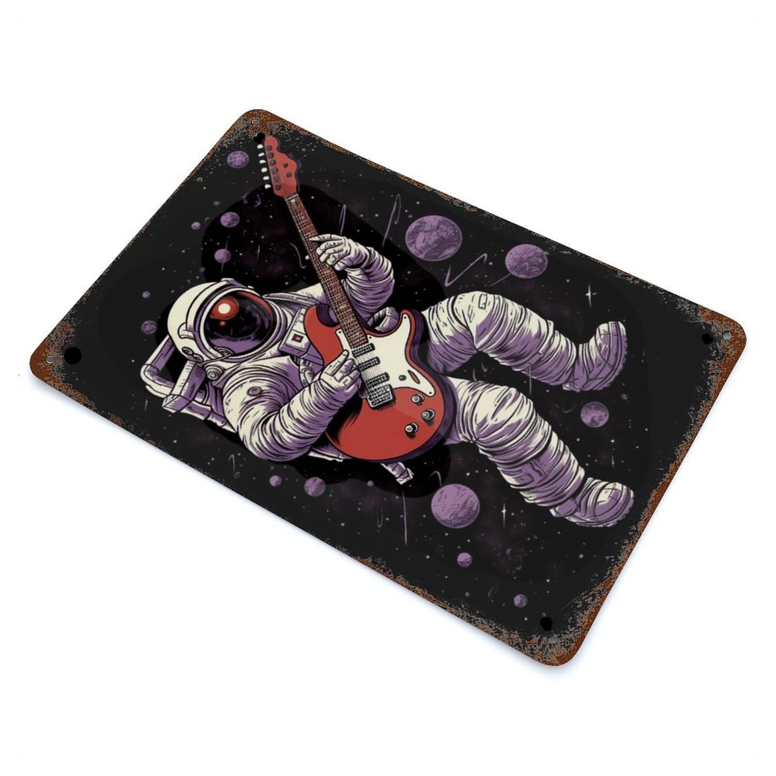 Garage Style Astronaut Playing Guitar Rust Effect Tin Sign 11.8"x7.9", Industrial Home Decor for Bar And Workshop