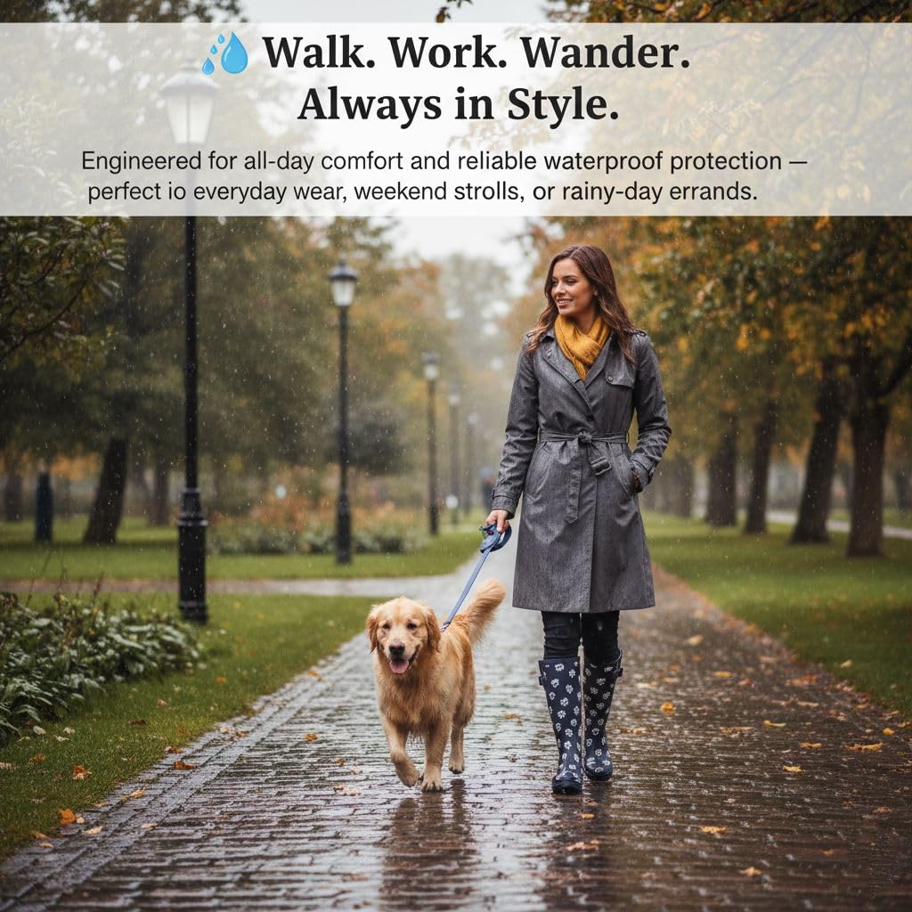 A2Z Botas de agua para mujer, impermeables, largas, con suela de goma, para jardín, festival, paseo de perro, estampado de patas azul marino, elegantes, cómodas, forradas, zapatos de mujer, talla 4 a