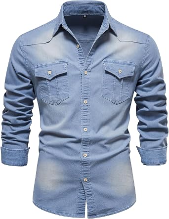 Mens Denim Shirt Slim Fit Long Sleeve Button Down Jean Work Shirts