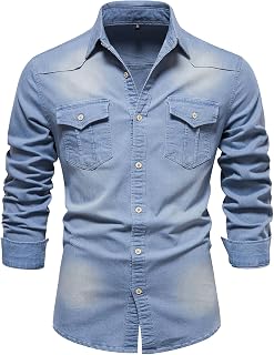 Eisctnd Men's Denim Shirt Slim Fit Long Sleeve Button Down Jean Work Shirts